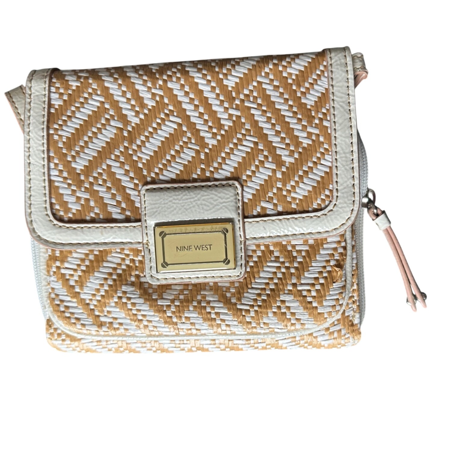 Nine West Woven Chevron Crossbody Bag Tan White Straw Style Floral Liner Small